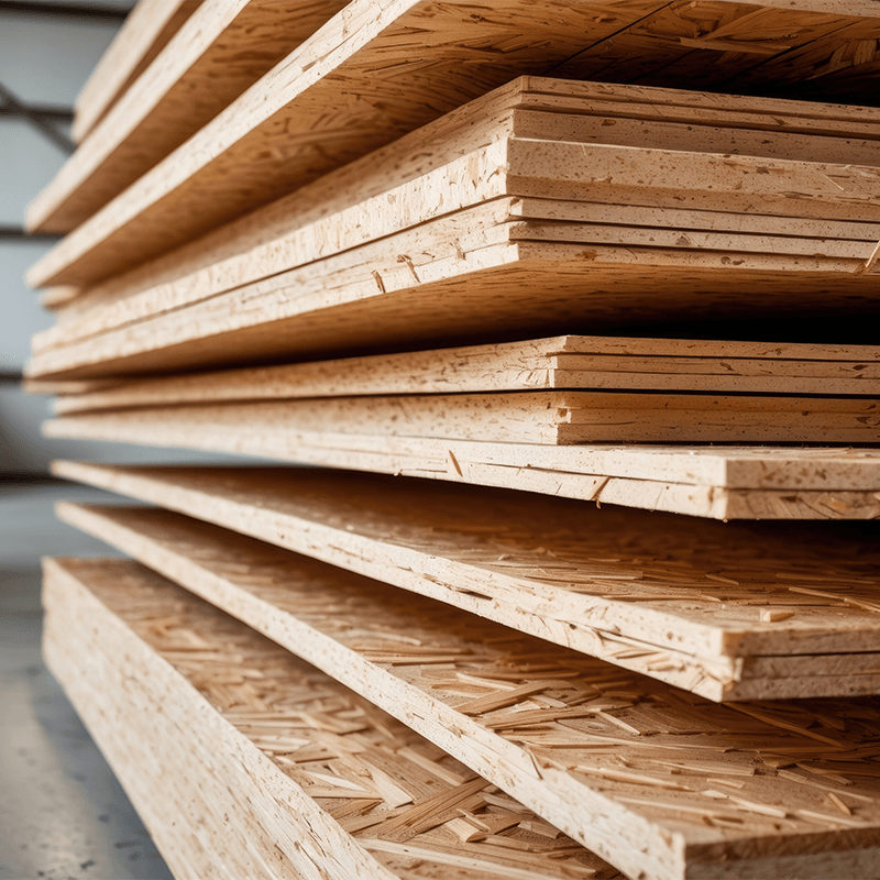 Stacked OSB panels in a manufacturing facility