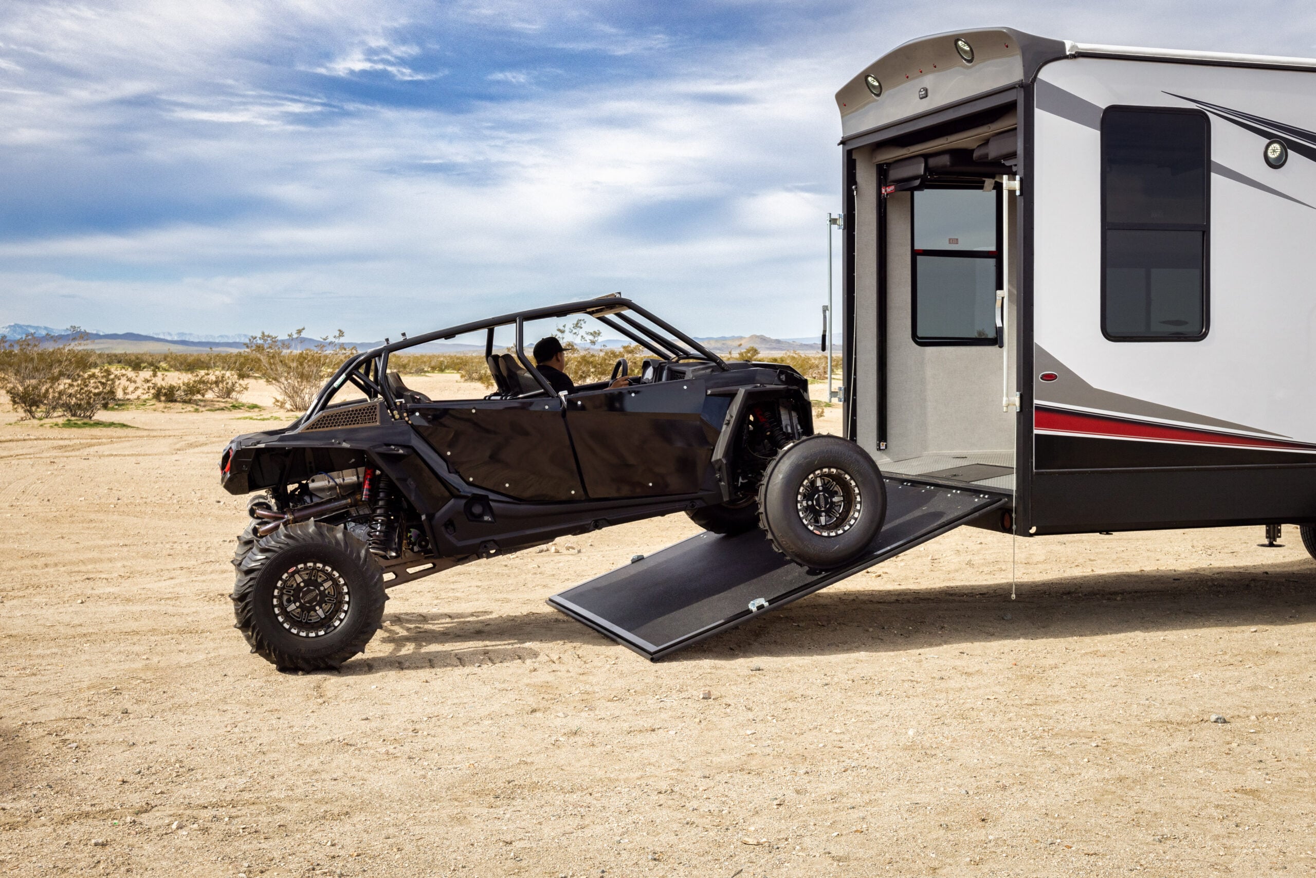 Recreational vehicle parked in a scenic outdoor setting