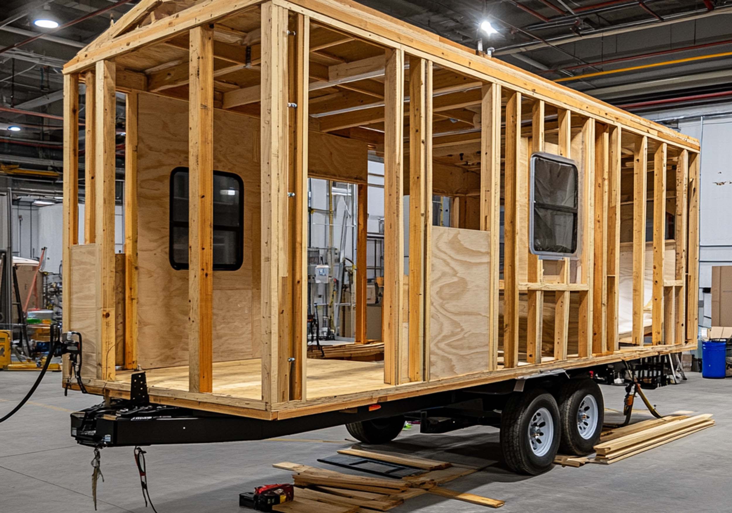 RV frame under construction in a manufacturing facility