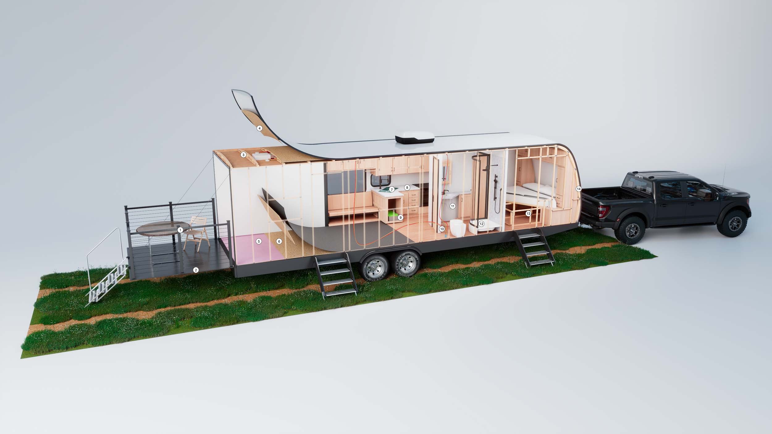 Numbered diagram of a toy hauler RV showing structural components