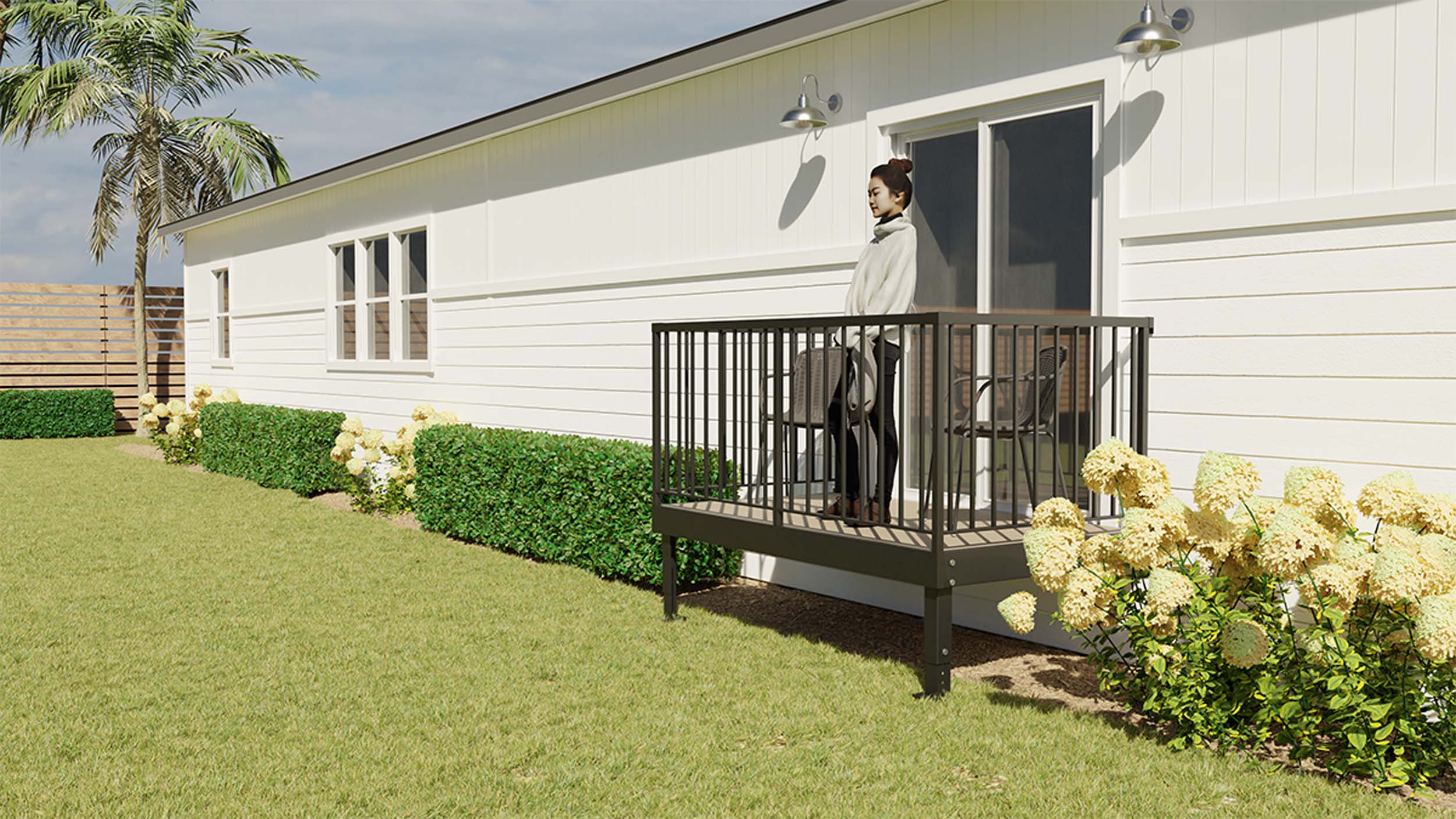 Custom flip-down porch component for commercial modular building