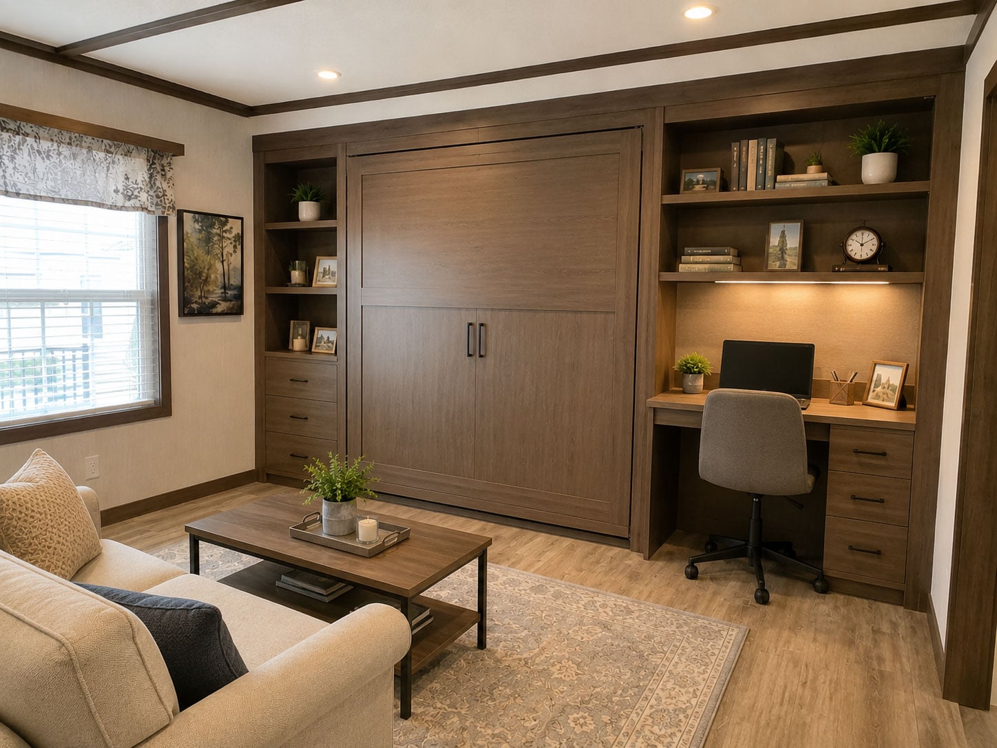Custom Murphy bed and office space solution for manufactured home