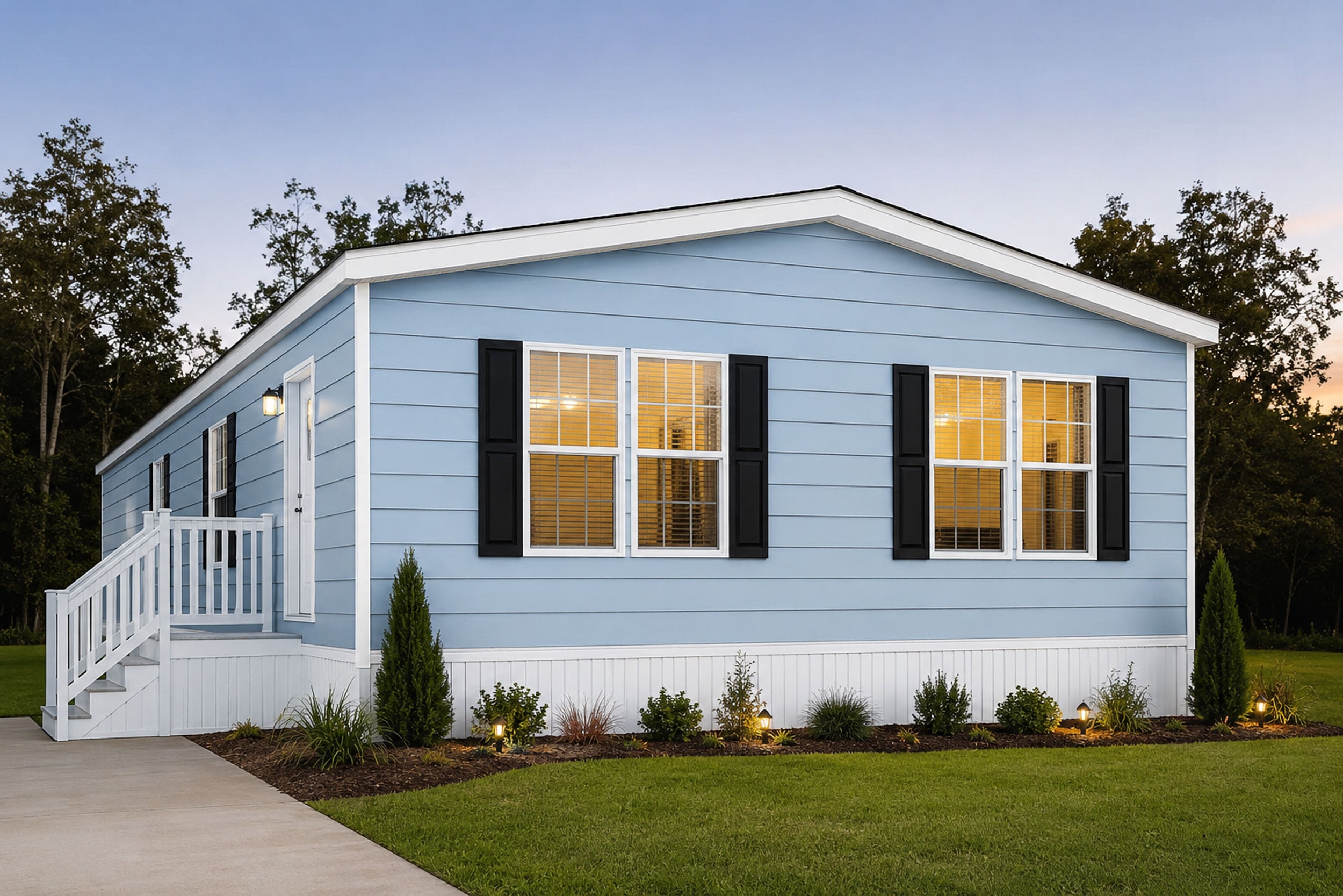 Manufactured home exterior at dusk