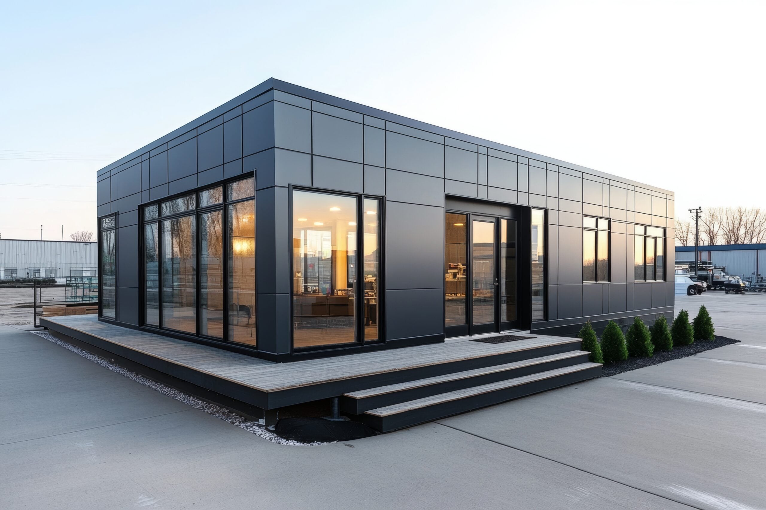 Sleek commercial modular office building exterior