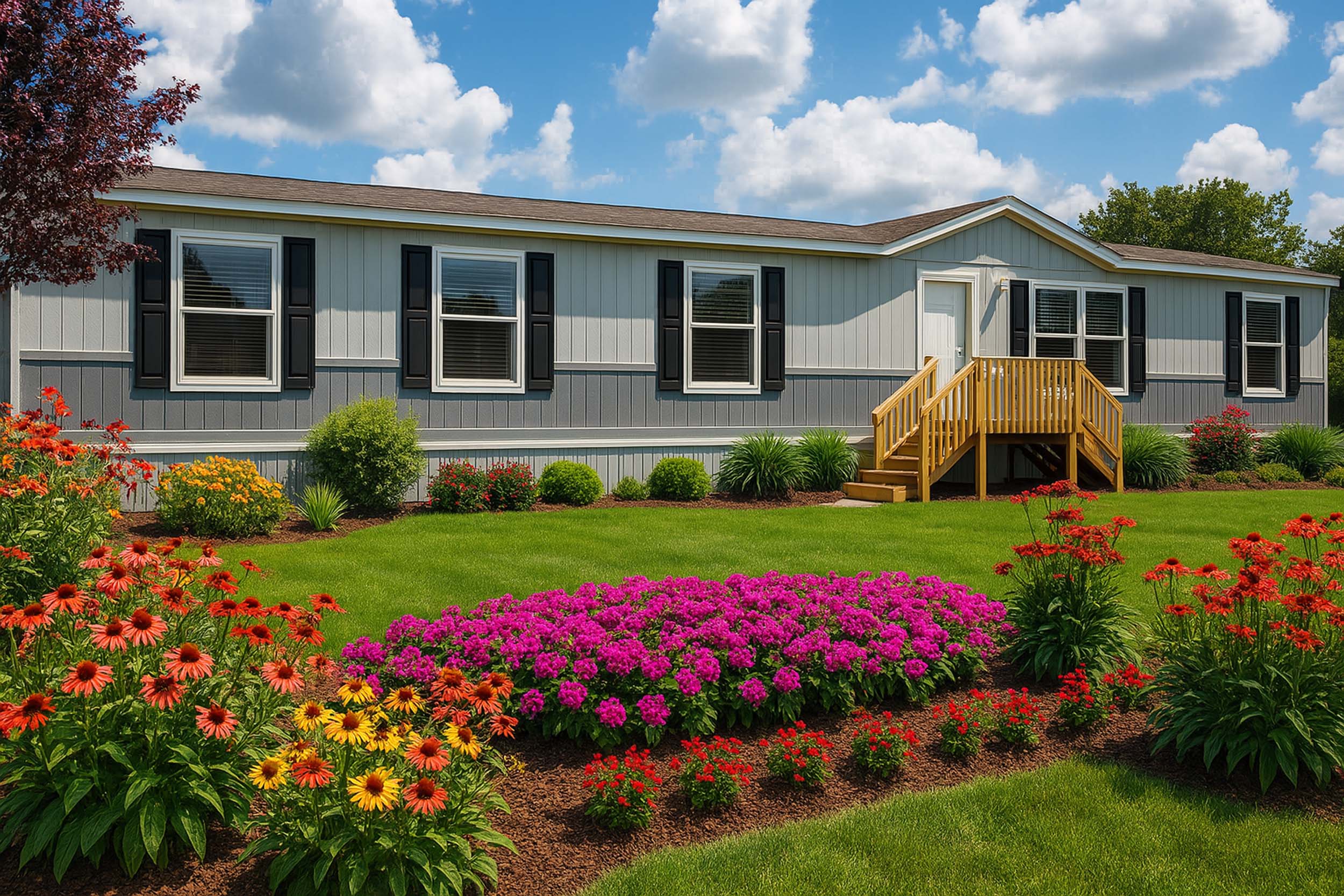 Landscaped manufactured home with pre-finished siding and trim