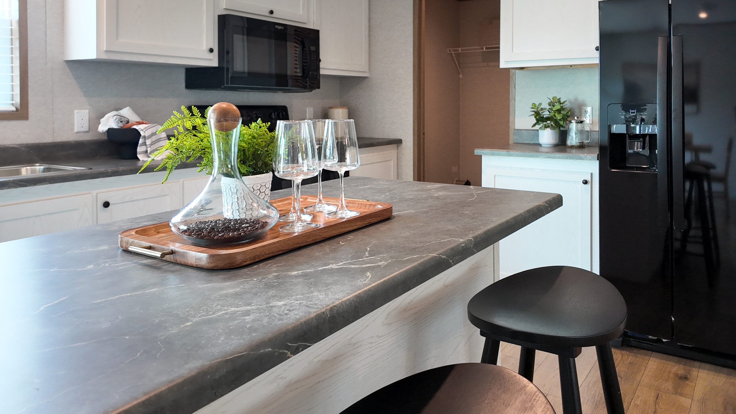 Solid surface countertop and integrated sink in manufactured home