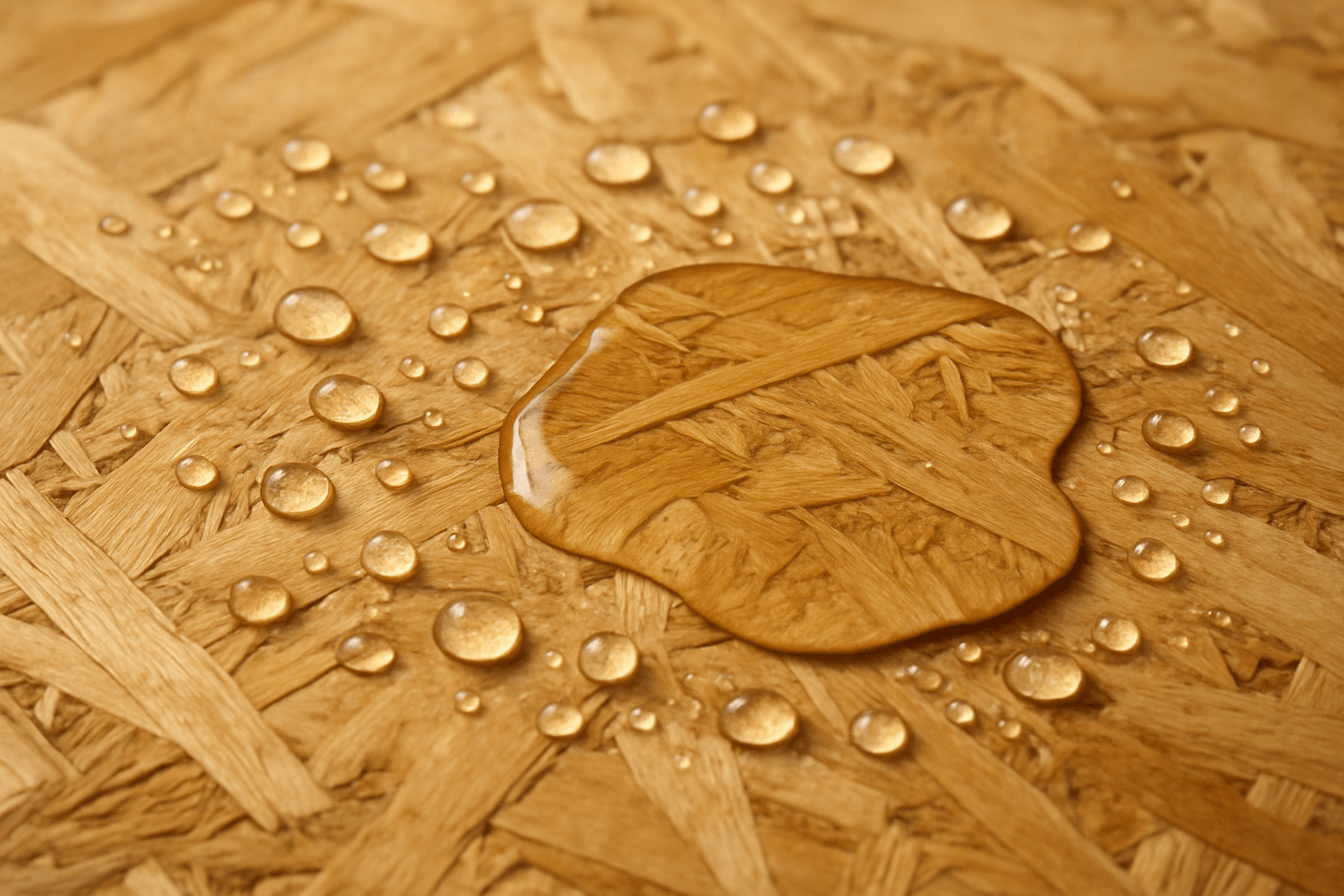 OSB engineered structural panel with water droplets showing moisture resistance